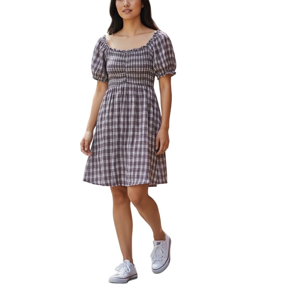 Pie in the Sky Plaid Smocked Babydoll Mini Dress Burgundy 1X‎ NWT Preppy Prairie